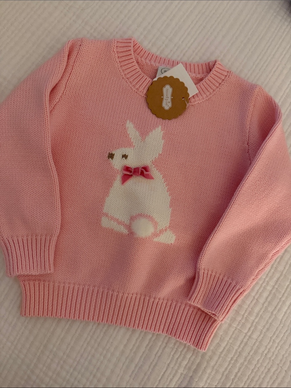 Mud Pie Pink Knit Bunny Sweater with Bow Accent